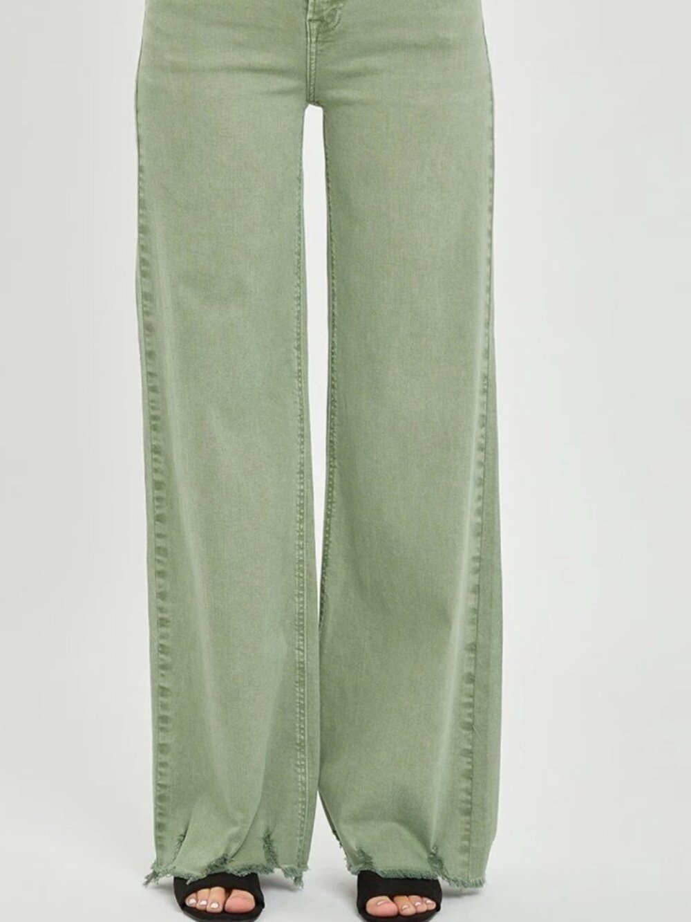 Risen Olive Green denim, High-rise waist, wide leg jeans